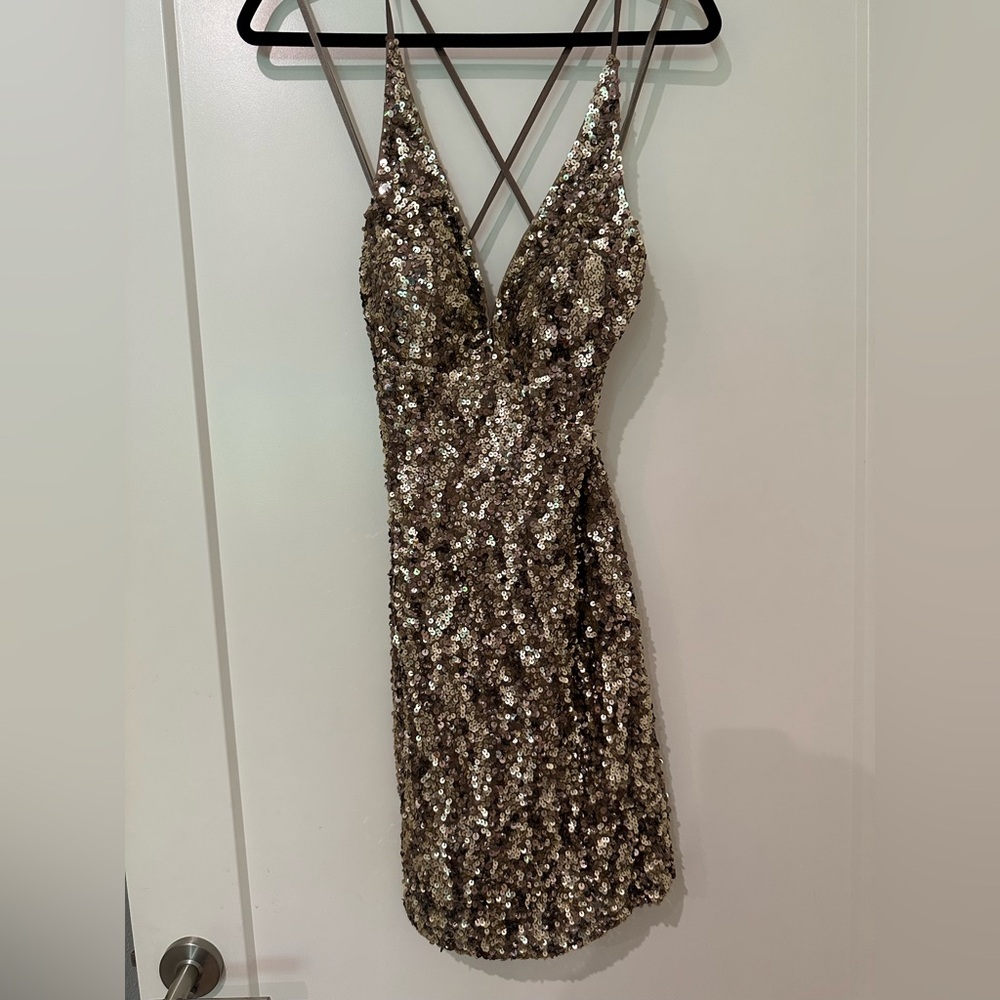 SCALA Gold Sequin Spaghetti Strap Mini Dress - Picture 2 of 5
